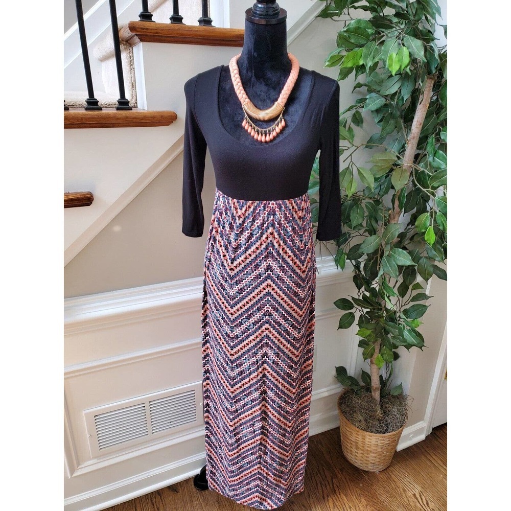 Coco Women's Multicolor Rayon Scoop Neck 3/4 Sleeve Long Maxi Dress Size Medium